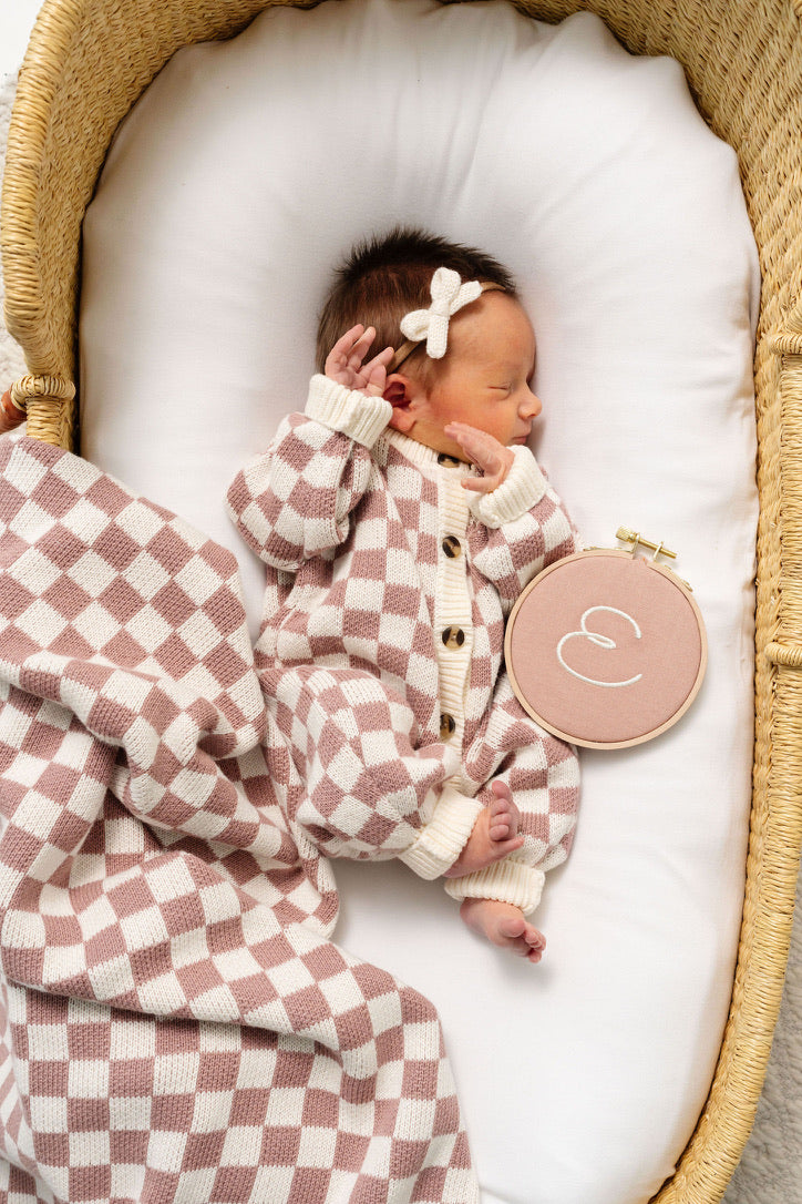 Knit Long Sleeve Onesie - Mauve Checkered