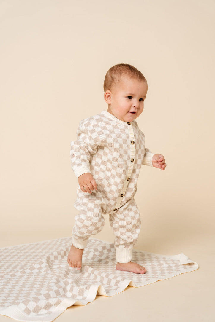 Knit Long Sleeve Onesie - Tan Checkered