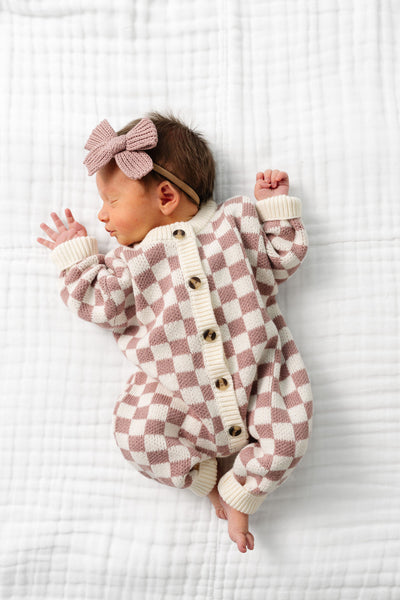 Knit Long Sleeve Onesie - Mauve Checkered