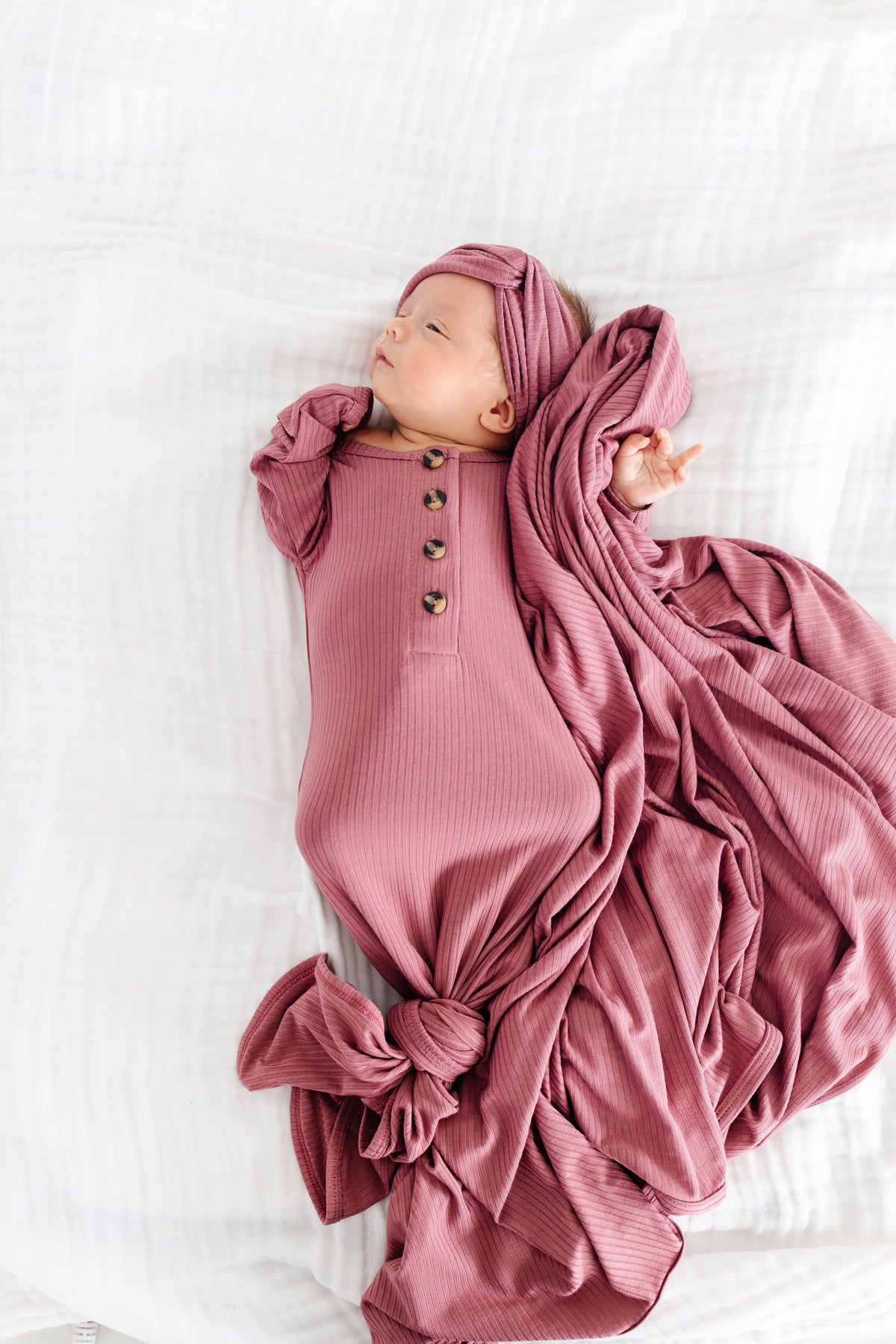 Marjorie Ribbed Newborn Headband Bundle + Knotted Gown