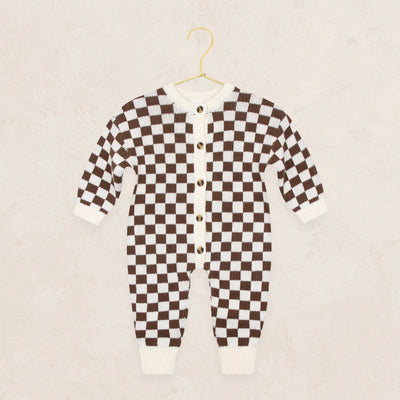 Knit Long Sleeve Onesie - Cocoa Checkered