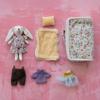 Fabric Suitcase Bed with Plush Bunny and Outfits