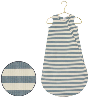 Blue and white striped baby sleeping bag on a hanger with close-up detail.