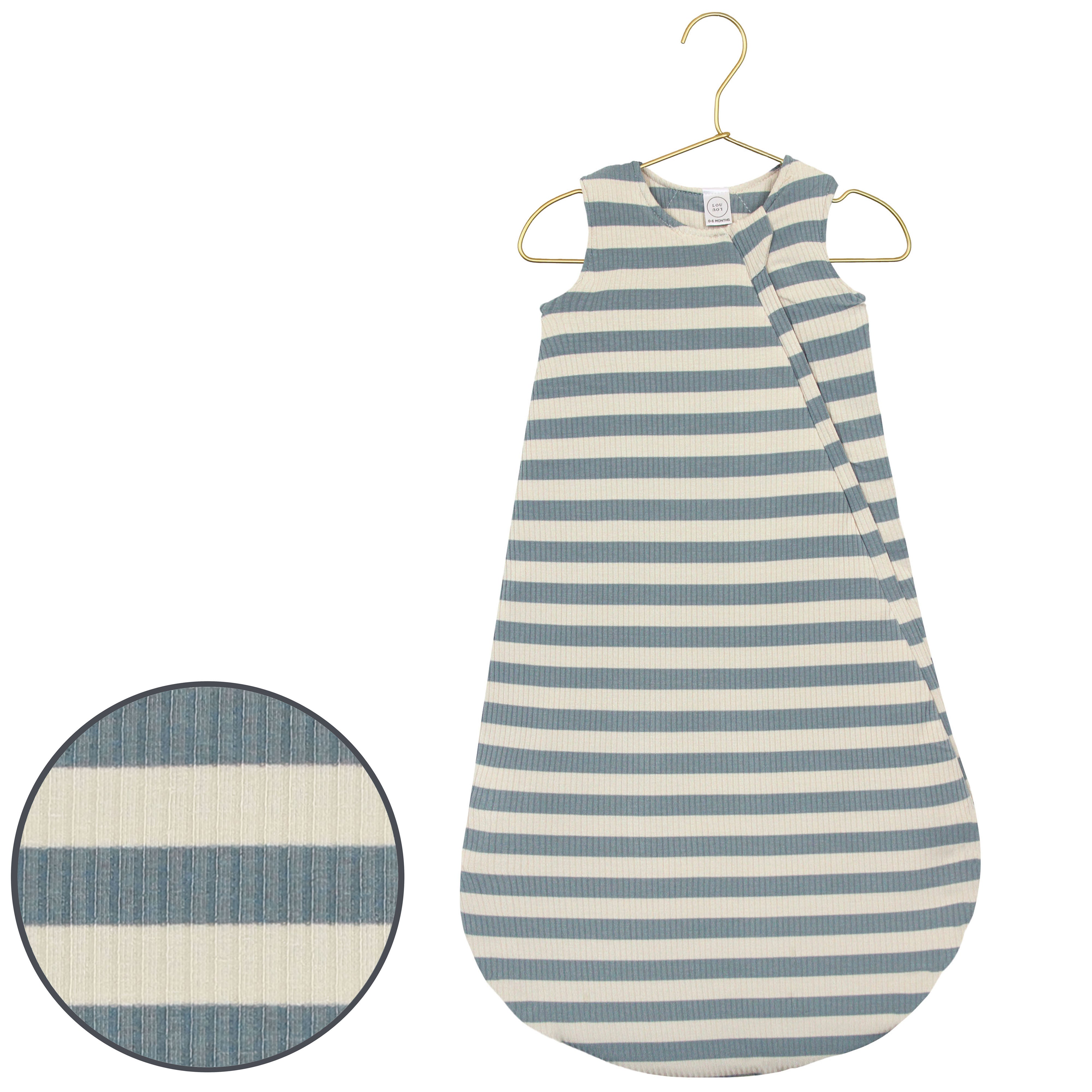 Blue and white striped baby sleeping bag on a hanger with close-up detail.