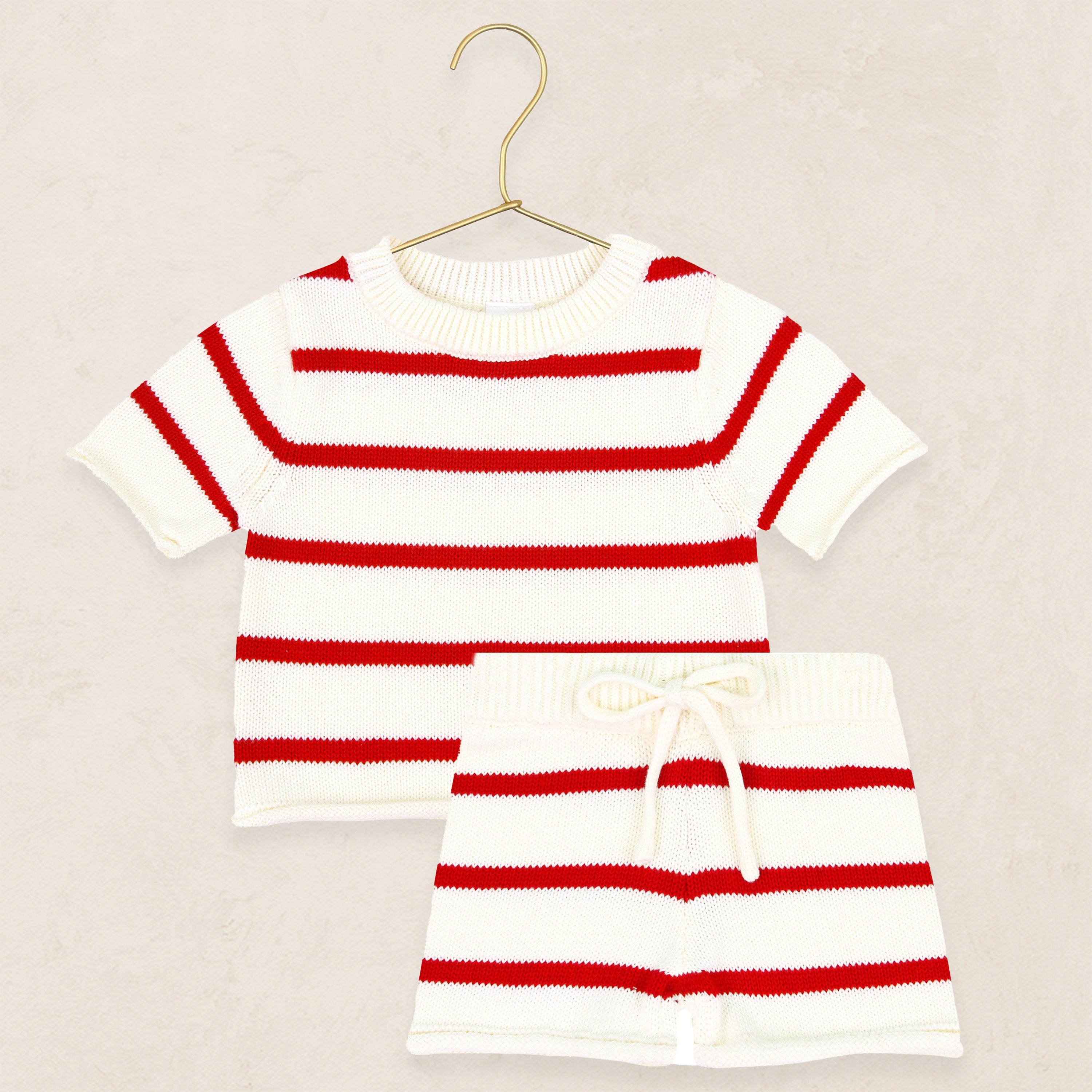 Knit Shirt + Short Set - Red Stripe