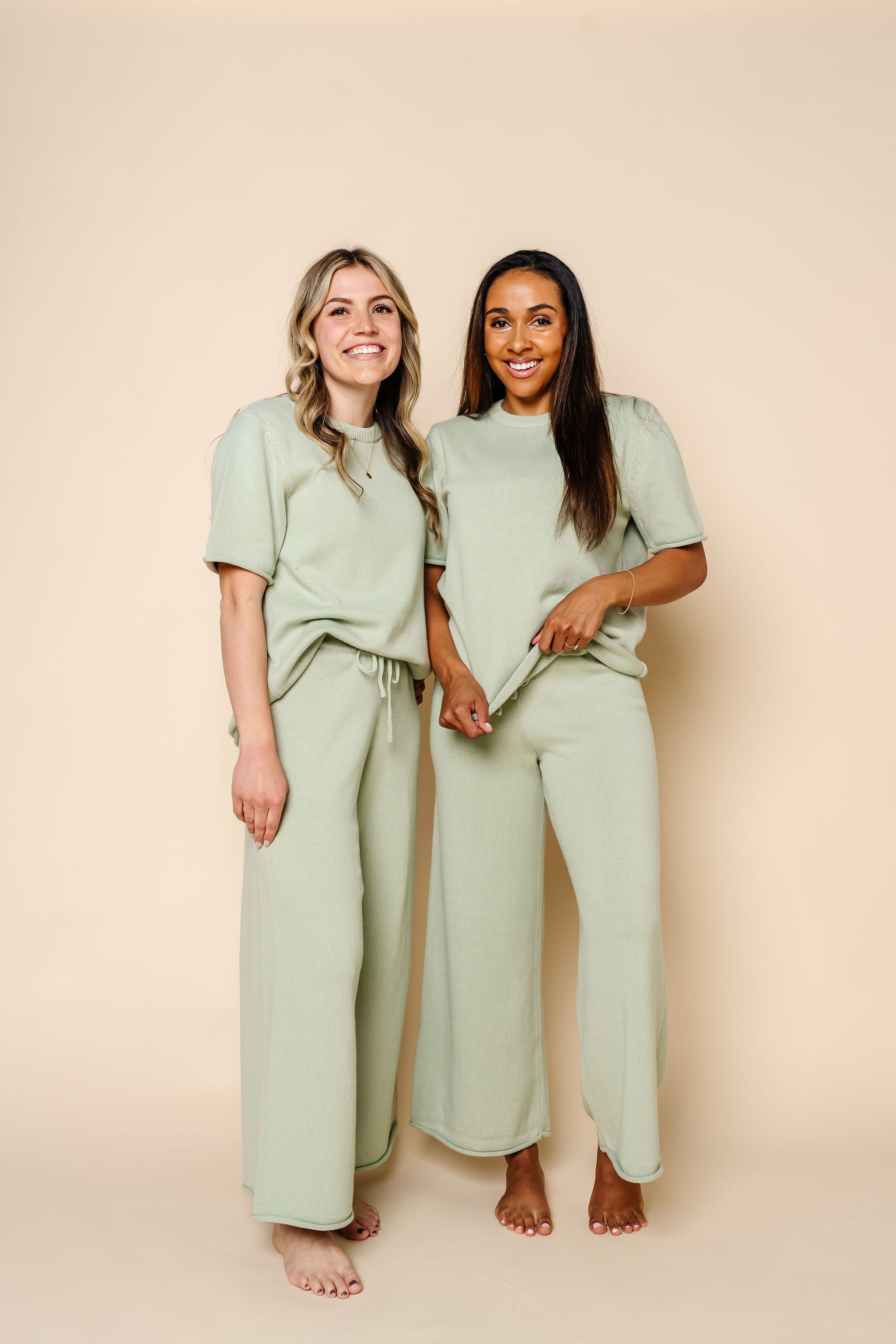 sage knit women's set 2 women both wearing size small.