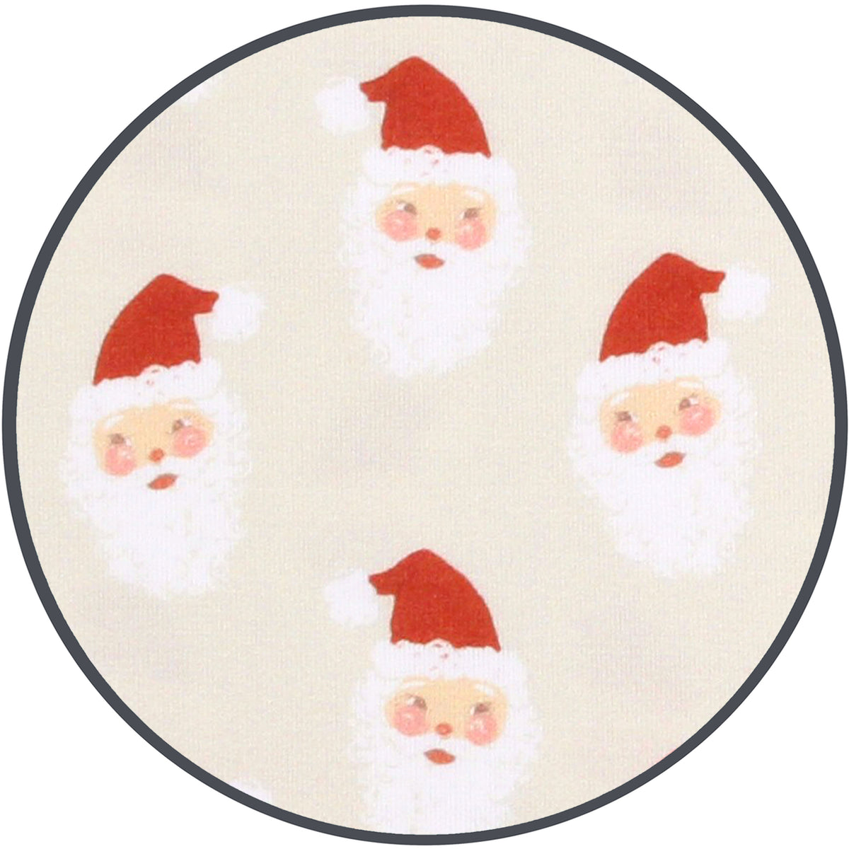 Round rug with four cartoon Santa Claus faces on a beige background